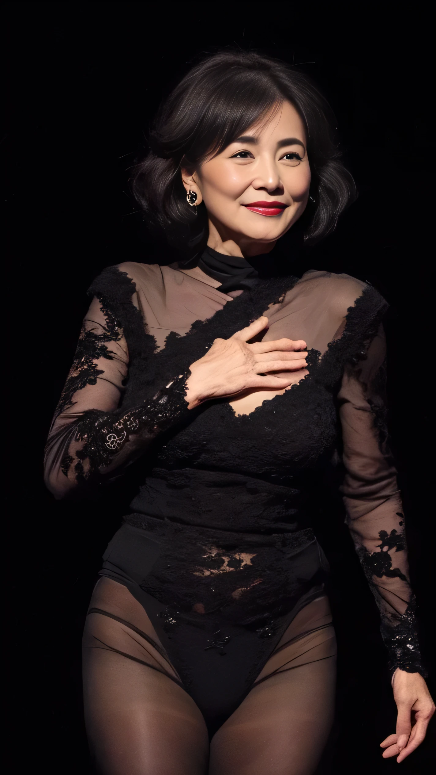 (((Pitch black background))):1.3, gravure, Depict lips accurately, Red lipstick, From the chest up, In underwear, Elderly politicians, Mature Woman, Plump mature woman, Flashy face, highest quality, super high quality, Realistic, ultra high density skin, Perfect description, (Japanese mature woman 1 person), (erotic), 100 years old, Big Breasts, attractive, Glamour, sexy, Pure white skin, Looking at the audience,