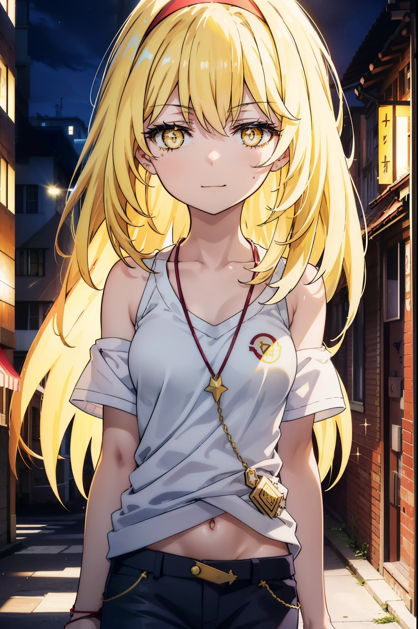 misakishokuhou, Misaki Shokuhou, Blonde, Hair between the eyes, Long Hair, (Symbol-shaped pupil:1.5), + +, (Yellow Eyes:1.5), (Medium chest:1.2),happy smile, smile, Open your mouth,hair band,Tank top shirt,Off-the-shoulder jacket,Star Pendant,Belly button,Short laser pants,Shorts,whole bodyがイラストに入るように,Clear skies,Daytime,
break outdoor, Building district,
break looking at viewer, whole body,
break (masterpiece:1.2), highest quality, High resolution, unity 8k wallpaper, (figure:0.8), (Beautiful fine details:1.6), Highly detailed face, Perfect lighting, Highly detailed CG, (Perfect hands, Perfect Anatomy),