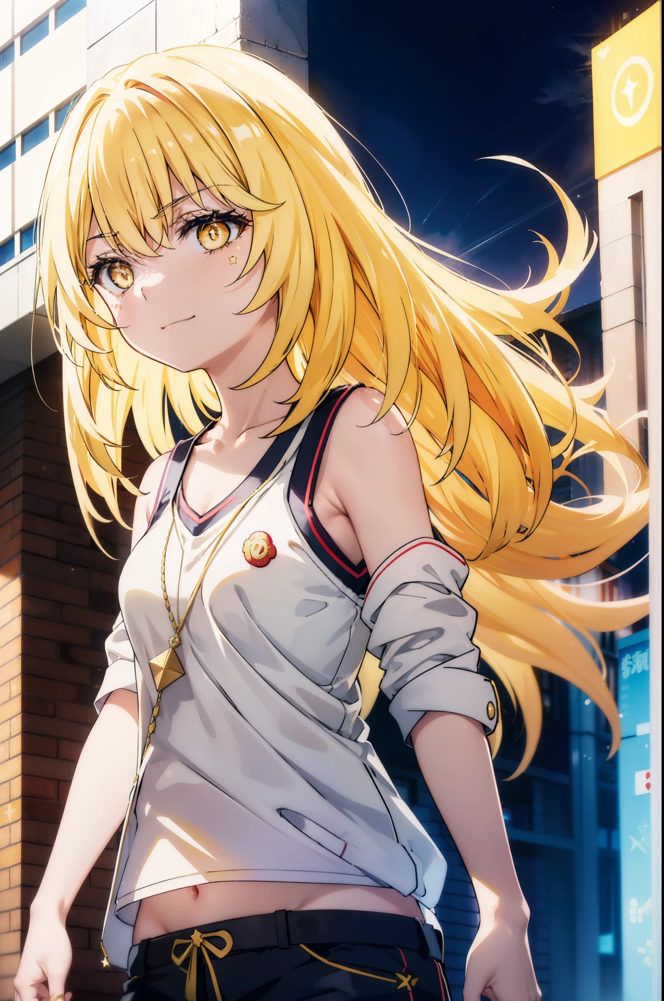 misakishokuhou, Misaki Shokuhou, Blonde, Hair between the eyes, Long Hair, (Symbol-shaped pupil:1.5), + +, (Yellow Eyes:1.5), (Medium chest:1.2),happy smile, smile, Open your mouth,hair band,Tank top shirt,Off-the-shoulder jacket,Star Pendant,Belly button,Short laser pants,Shorts,whole bodyがイラストに入るように,Clear skies,Daytime,
break outdoor, Building district,
break looking at viewer, whole body,
break (masterpiece:1.2), highest quality, High resolution, unity 8k wallpaper, (figure:0.8), (Beautiful fine details:1.6), Highly detailed face, Perfect lighting, Highly detailed CG, (Perfect hands, Perfect Anatomy),