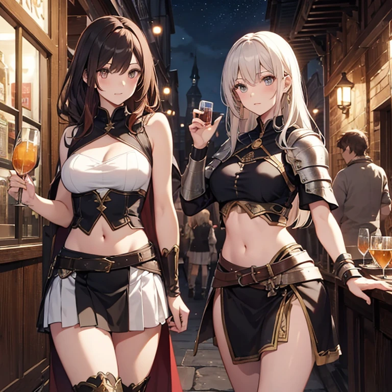 A group of  female medieval fantasy adventurers, (in tavern), various hair styles, harem, night, details face, short skirt, seducing, sleeveless, armor, midriff 