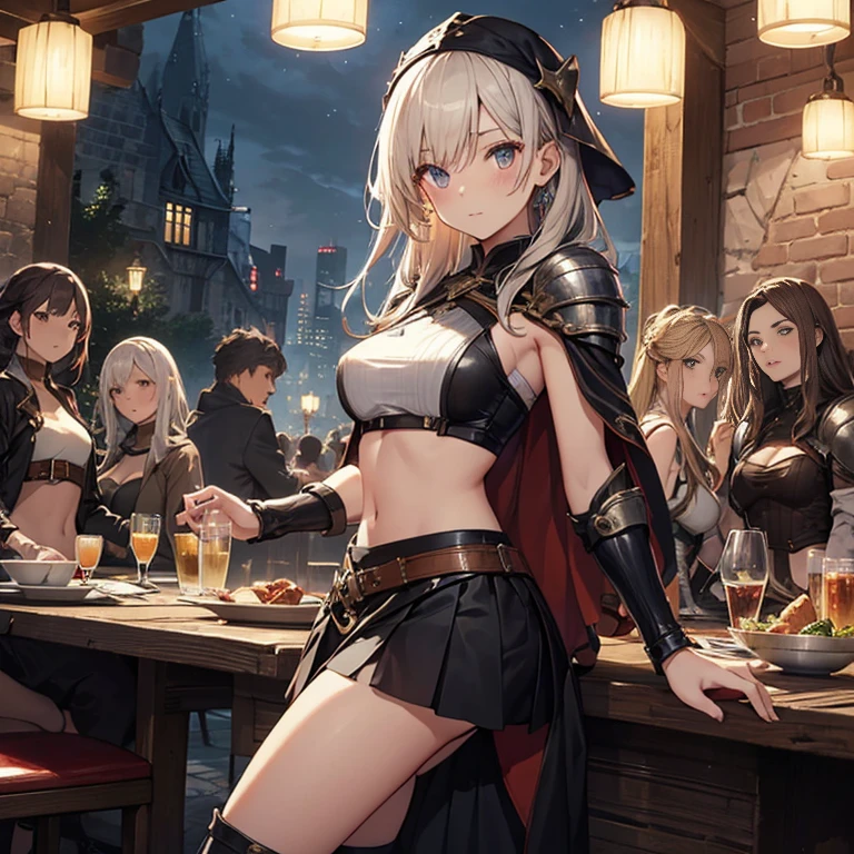 A group of female medieval fantasy adventurers, (in tavern), various hair styles, harem, night, details face, short skirt, seducing, sleeveless, armor, midriff