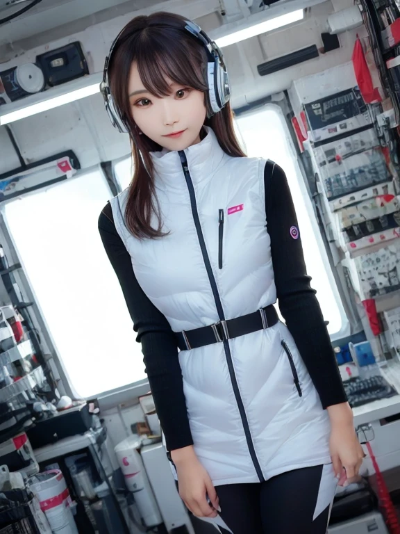 masterpiece, highest quality, Very detailed, 8K Portrait,japanese android girl,Plump , Control panel,Robotic arms and legs, Blunt bangs,,BREAK (metallic gray, metallic luster, mirror finish, astrovest):5,headphone:5,BREAK (black sleeves):100,smartwatch,futuristic space station,control room,BREAK headphone,blue eyes,(black hair):2,(long hair):1.3,look at viewer,(Respirator),BREAK blush:3,hidden hands,smile