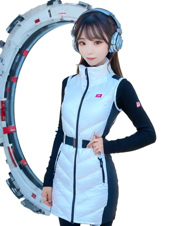 masterpiece, highest quality, Very detailed, 8K Portrait,japanese android girl,Plump , Control panel,Robotic arms and legs, Blunt bangs,,BREAK (metallic gray, metallic luster, mirror finish, astrovest):5,headphone:5,BREAK (black sleeves):100,smartwatch,futuristic space station,control room,BREAK headphone,blue eyes,(black hair):2,(long hair):1.3,look at viewer,(Respirator),BREAK blush:3,hidden hands,smile