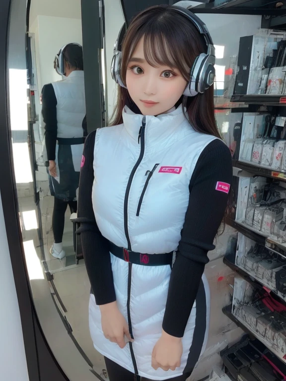 masterpiece, highest quality, Very detailed, 8K Portrait,japanese android girl,Plump , Control panel,Robotic arms and legs, Blunt bangs,,BREAK (metallic gray, metallic luster, mirror finish, astrovest):5,headphone:5,BREAK (black sleeves):100,smartwatch,futuristic space station,control room,BREAK headphone,blue eyes,(black hair):2,(long hair):1.3,look at viewer,(Respirator),BREAK blush:3,hidden hands,smile
