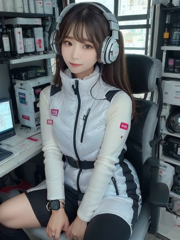 masterpiece, highest quality, Very detailed, 8K Portrait,japanese android girl,Plump , Control panel,Robotic arms and legs, Blunt bangs,,BREAK (metallic gray, metallic luster, mirror finish, astrovest):5,headphone:5,BREAK (black sleeves):100,smartwatch,futuristic space station,control room,BREAK headphone,blue eyes,(black hair):2,(long hair):1.3,look at viewer,(Respirator),BREAK blush:3,hidden hands,smile