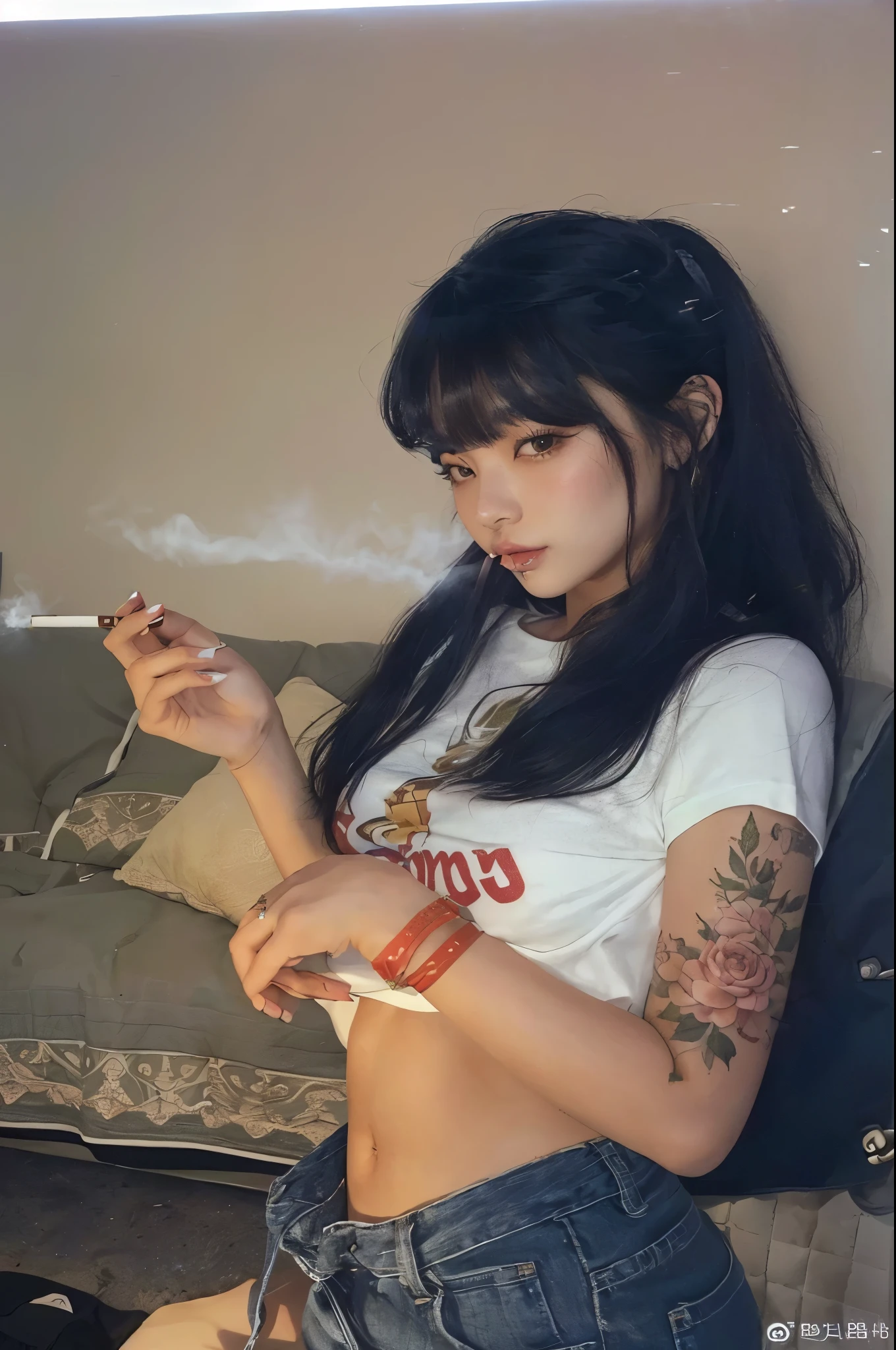 chica araffe con un tatuaje en el brazo fumando un cigarrillo, ulzzang, muchacha coreana, de chica taiwanesa con tatuajes, she has black hair con flequillo, aesthetic!!!!!! genio femenino, chica anime en la vida real, Con flequillo completo, 🤤 girl portrait, lofi girl aesthetic, con flequillo, asian girl, long hair con flequillo, ig model | tipo germen