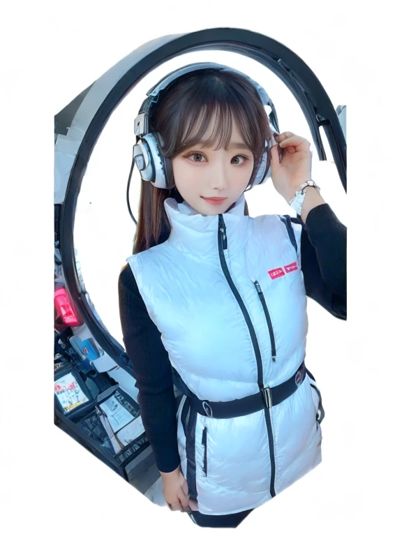 masterpiece, highest quality, Very detailed, 8K Portrait,japanese android girl,Plump , Control panel,Robotic arms and legs, Blunt bangs,,BREAK (metallic gray, metallic luster, mirror finish, astrovest):5,headphone:5,BREAK (black sleeves):100,smartwatch,futuristic space station,control room,BREAK headphone,blue eyes,(black hair):2,(long hair):1.3,look at viewer,(Respirator),BREAK blush:3,hidden hands,smile