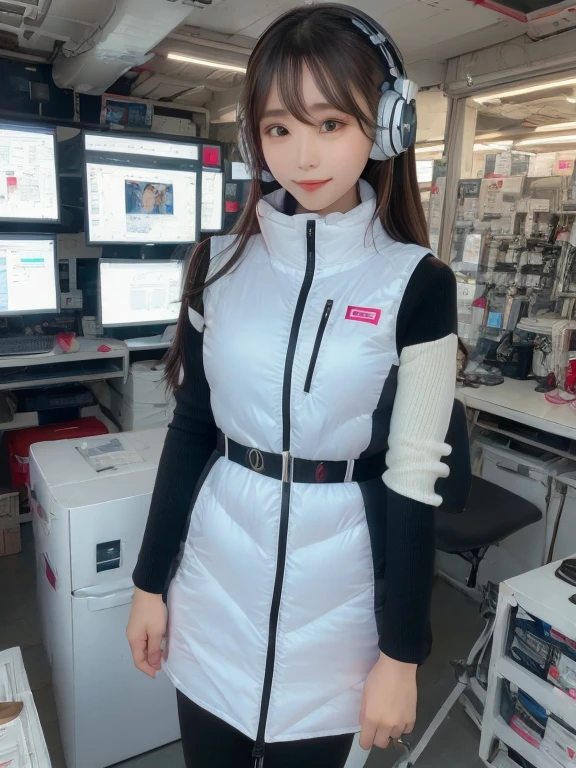 masterpiece, highest quality, Very detailed, 8K Portrait,japanese android girl,Plump , Control panel,Robotic arms and legs, Blunt bangs,,BREAK (metallic gray, metallic luster, mirror finish, astrovest):5,headphone:5,BREAK (black sleeves):100,smartwatch,futuristic space station,control room,BREAK headphone,blue eyes,(black hair):2,(long hair):1.3,look at viewer,(Respirator),BREAK blush:3,hidden hands,smile