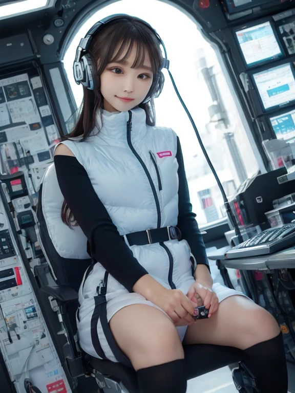 masterpiece, highest quality, Very detailed, 8K Portrait,japanese android girl,Plump , Control panel,Robotic arms and legs, Blunt bangs,,BREAK (metallic gray, metallic luster, mirror finish, astrovest):5,headphone:5,BREAK (black sleeves):100,smartwatch,futuristic space station,control room,BREAK headphone,blue eyes,(black hair):2,(long hair):1.3,look at viewer,(Respirator),BREAK blush:3,hidden hands,smile