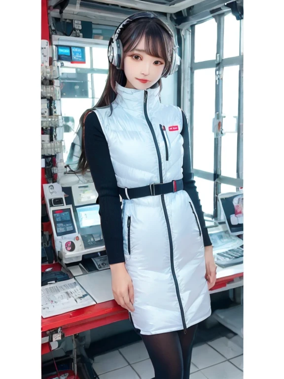 masterpiece, highest quality, Very detailed, 8K Portrait,japanese android girl,Plump , Control panel,Robotic arms and legs, Blunt bangs,,BREAK (metallic gray, metallic luster, mirror finish, astrovest):5,headphone:5,BREAK (black sleeves):100,smartwatch,futuristic space station,control room,BREAK headphone,blue eyes,(black hair):2,(long hair):1.3,look at viewer,(Respirator),BREAK blush:3,hidden hands,smile