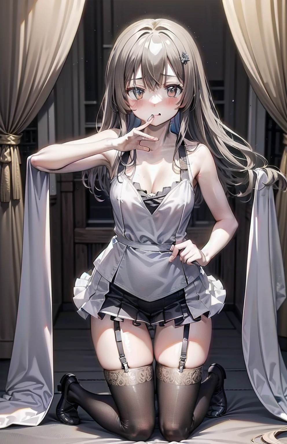 (masterpiece:1.6, highest quality), Ultra-high resolution、Very delicate、Optimal Configuration、beautiful light shines、unity 8k wallpaper, 3D Animation、((beautiful, fine grain: 1.2)), Extremely detailed CG, (Perfect hands, Perfect Anatomy),(Satono Diamond、Satono Diamond \(umamusume\),Extremely detailed eyes、beautiful肌、Fair skin、bright、Vibrant colors、cute, dynamism, Detailed face, Detailed skin, Detailed clothing, Detailed fingers, Dynamic pose, Toned Legs,Small waist、Amazingly thin legs、Incredibly slim thighs、beautiful太もも、 Moisturized lips, Sweaty, (Mouth wet with saliva), Plump and big,beautiful胸、beautiful胸の形、Pointed Chest、 Sweaty and attractive cleavage,Spread your legs 120 degrees to the side and kneel、Ecstatic face、garter、レッグgarter、Knee-high socks、Ultra mini skirt、Re:Zero Rem's maid outfit、Ultra mini skirt:1.3、Red collar、Shyness、desire、Very embarrassed、Shooting from below、danshitoire, syobenki, koshitsu