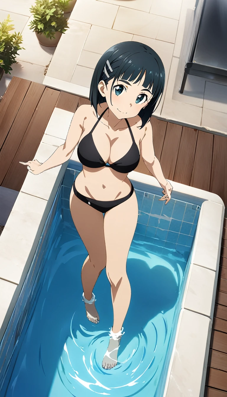 1girl, kirigaya suguha, sword art online, pool, bikini, large breast, looking at viewer, full body, key visual, highly detailed, masterpiece, best quality, very aesthetic, absurdres