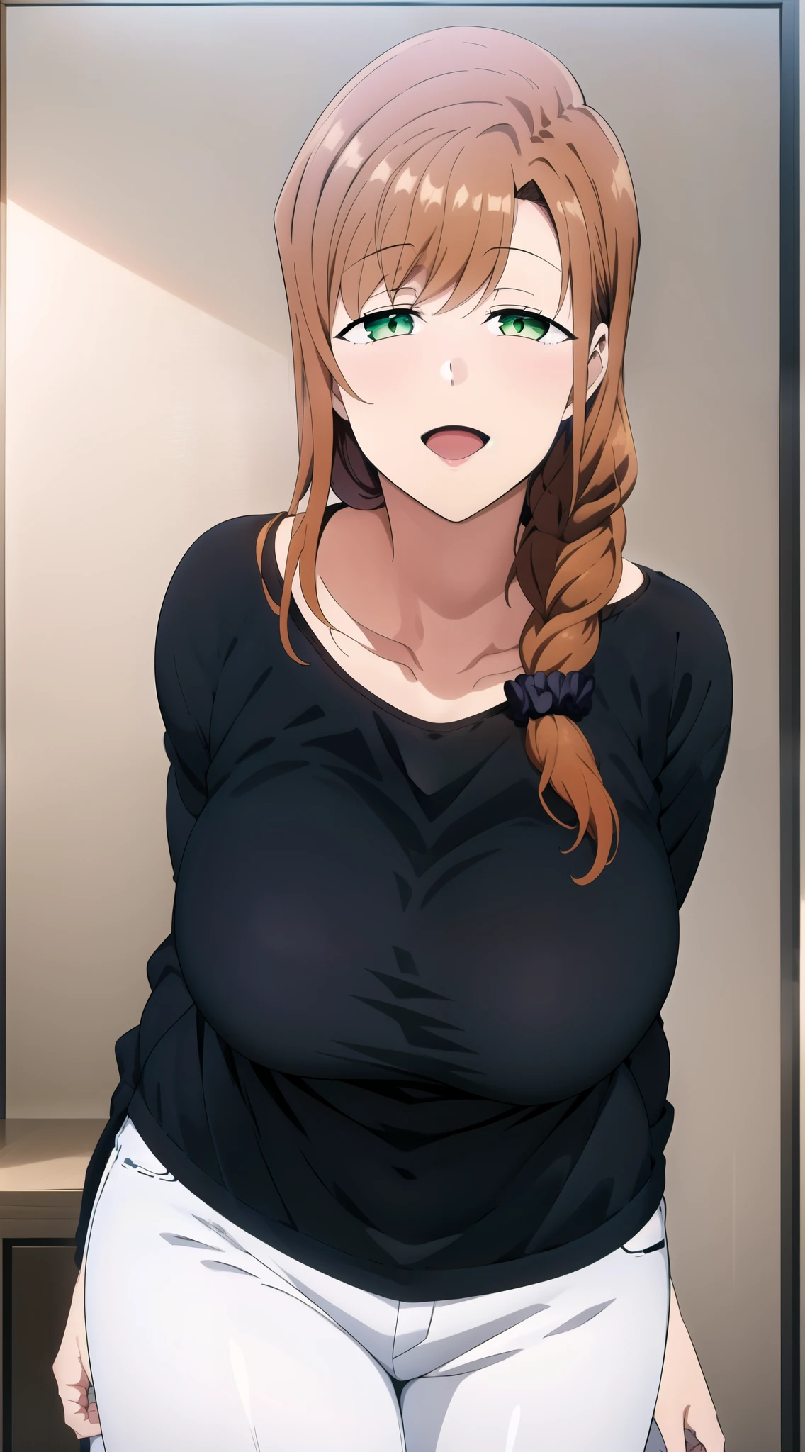 1girl, solo, long hair, looking at viewer, smile, open mouth, large breasts, orange hair, shirt, long sleeve, loose shirt, hair ornament, green eyes, collarbone, braid,white pants, (((black shirt))), single braid, scrunchie, hair over shoulder, hair scrunchie, mature female, wide hips