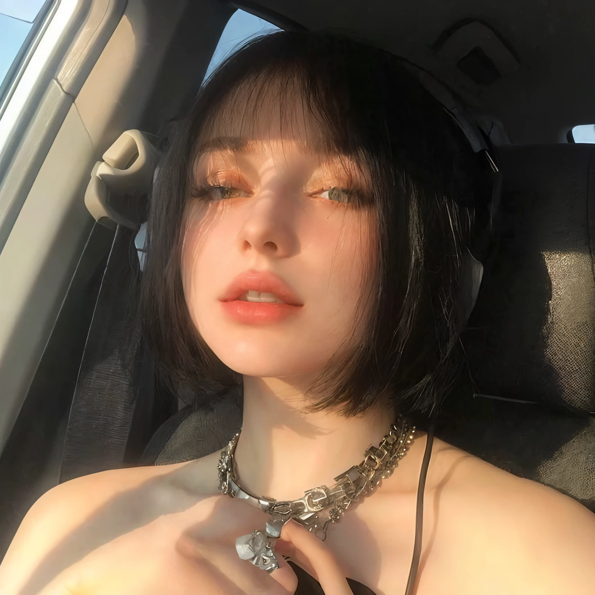 Mujer arafed con auriculares sentado en un coche., very very very pale white skin, pale and light skin!!, very very pale white skin, ella tiene el pelo negro con flequillo, 🤤 girl portrait, pale ivory skin, pale gothic beauty, with pale skin, extremely pale white skin, very pale white skin, 1 7 year old gothic girl