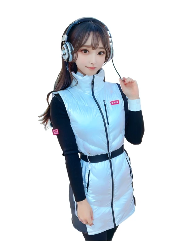 masterpiece, highest quality, Very detailed, 8K Portrait,japanese android girl,Plump , Control panel,Robotic arms and legs, Blunt bangs,,BREAK (metallic gray, metallic luster, mirror finish, astrovest):5,headphone:5,BREAK (black sleeves):100,smartwatch,futuristic space station,control room,BREAK headphone,blue eyes,(black hair):2,(long hair):1.3,look at viewer,(Respirator),BREAK blush:3,hidden hands,smile