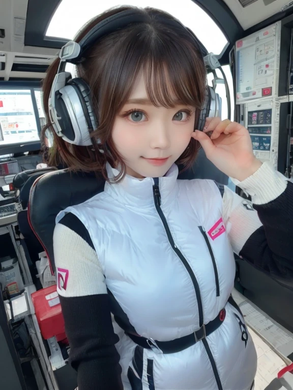 masterpiece, highest quality, Very detailed, 8K Portrait,japanese android girl,Plump , Control panel,Robotic arms and legs, Blunt bangs,,BREAK (metallic gray, metallic luster, mirror finish, astrovest):5,headphone:5,BREAK (black sleeves):100,smartwatch,futuristic space station,control room,BREAK headphone,blue eyes,(black hair):2,(long hair):1.3,look at viewer,(Respirator),BREAK blush:3,hidden hands,smile