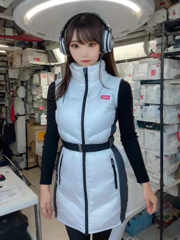 masterpiece, highest quality, Very detailed, 8K Portrait,japanese android girl,Plump , Control panel,Robotic arms and legs, Blunt bangs,,BREAK (metallic gray, metallic luster, mirror finish, astrovest):5,headphone:5,BREAK (black sleeves):100,smartwatch,futuristic space station,control room,BREAK headphone,blue eyes,(black hair):2,(long hair):1.3,look at viewer,(Respirator),BREAK blush:3,hidden hands,smile