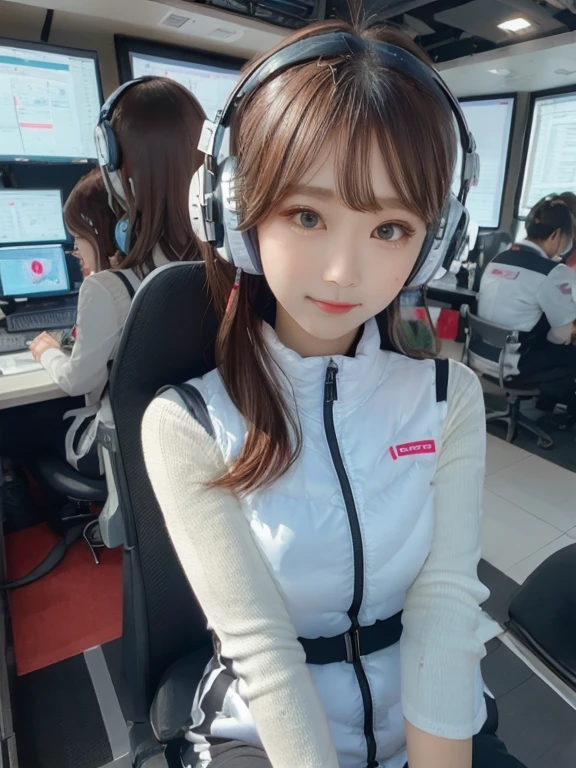 masterpiece, highest quality, Very detailed, 8K Portrait,japanese android girl,Plump , Control panel,Robotic arms and legs, Blunt bangs,,BREAK (metallic gray, metallic luster, mirror finish, astrovest):5,headphone:5,BREAK (black sleeves):100,smartwatch,futuristic space station,control room,BREAK headphone,blue eyes,(black hair):2,(long hair):1.3,look at viewer,(Respirator),BREAK blush:3,hidden hands,smile