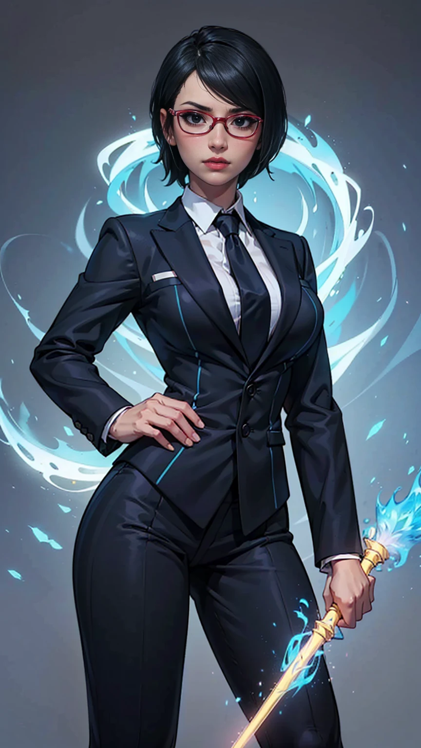 (1girl, Alone, alone), (WakatsukiRisa, sarada uchiha, black hair, short hair, Black eyes, red glasses), ((Alone, (1woman,pink lipstick, Black eyes), extremely detailed , Soft ambient lighting, 4K, perfect eyes, a perfect face, Perfect Lighting, the 1girl)), ((fitness, , shapely body, athletic body, toned body)) , ((punk girl, suit, white shirt, blue tie, elegant, holding magic staff))