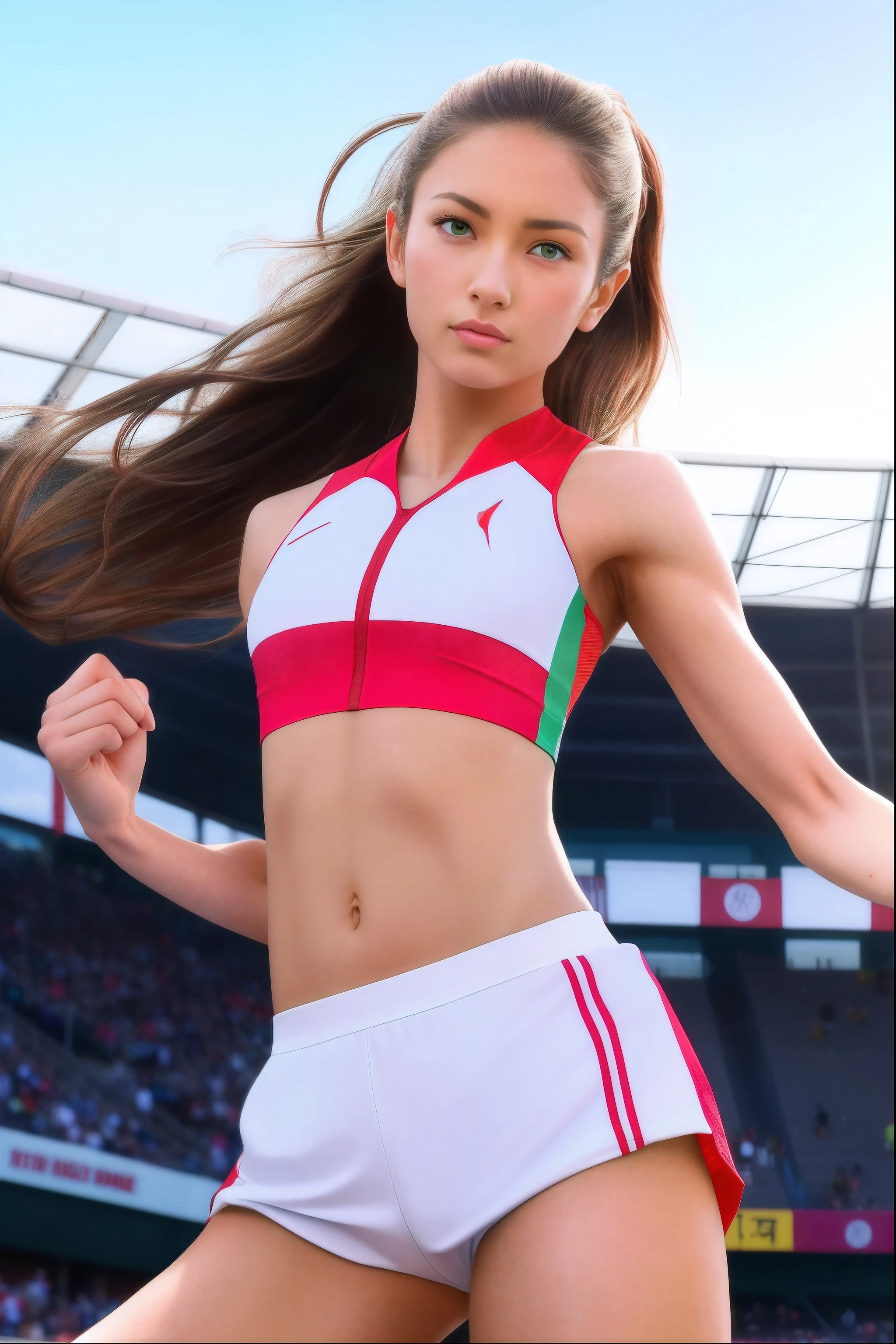 a stunningly beautiful and athletic female high jumper, in peak physical condition, with toned muscles, long flowing hair, delicate facial features, striking green eyes, wearing a sleek red and white competition uniform with shorts and a crop top, preparing to jump at a major outdoor track and field event, dramatic lighting and blurred background of cheering crowd and stadium lights, photorealistic, highly detailed, 8k