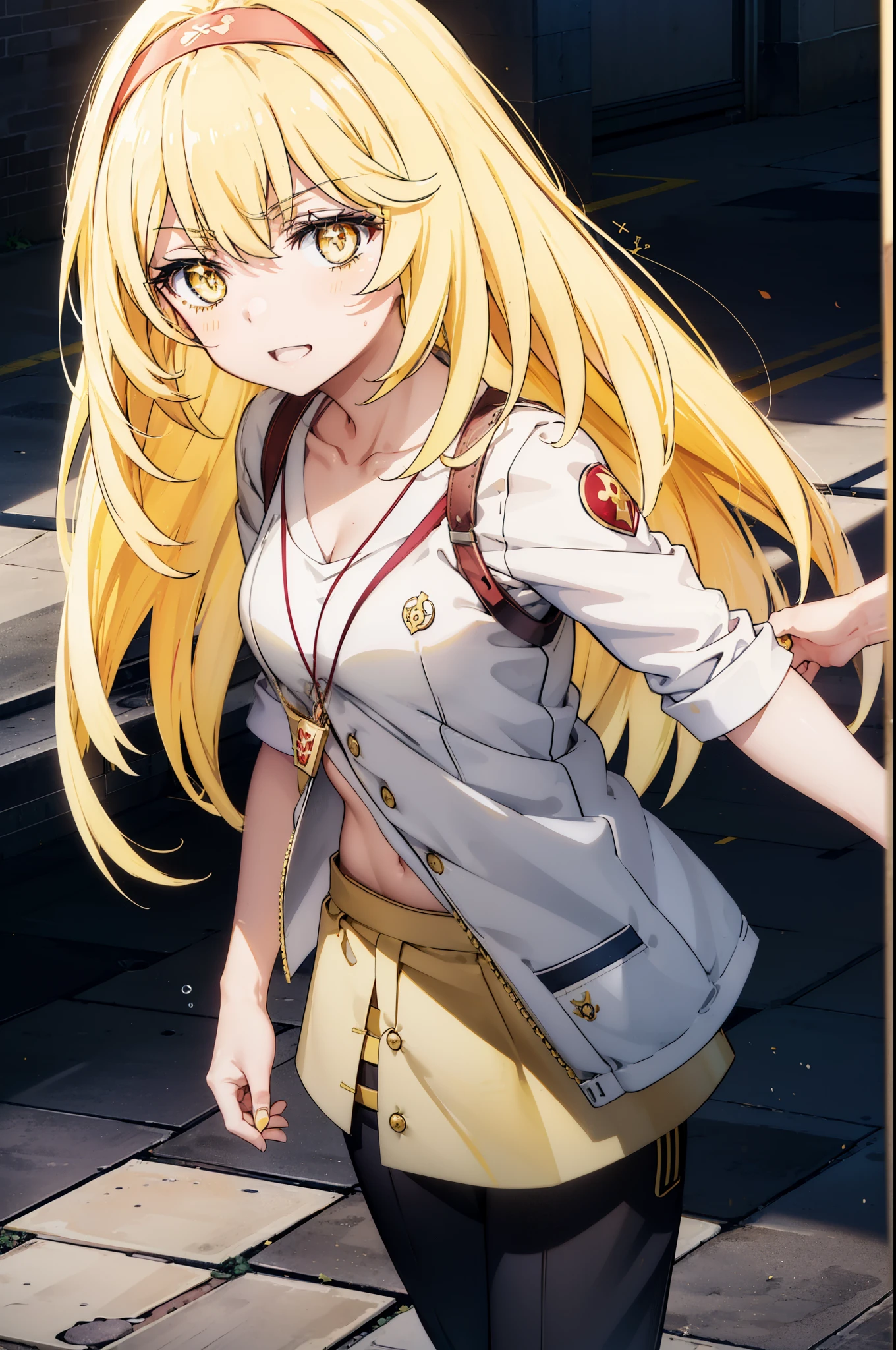 misakishokuhou, Misaki Shokuhou, Blonde, Hair between the eyes, Long Hair, (Symbol-shaped pupil:1.5), + +, (Yellow Eyes:1.5), (Medium chest:1.2),happy smile, smile, Open your mouth,hair band,Tank top shirt,Worn out short-sleeved jacket,Star Pendant,Belly button,Short laser pants,short boots,whole bodyがイラストに入るように,Clear skies,Daytime,
break outdoor, Building district,
break looking at viewer, whole body,
break (masterpiece:1.2), highest quality, High resolution, unity 8k wallpaper, (figure:0.8), (Beautiful fine details:1.6), Highly detailed face, Perfect lighting, Highly detailed CG, (Perfect hands, Perfect Anatomy),