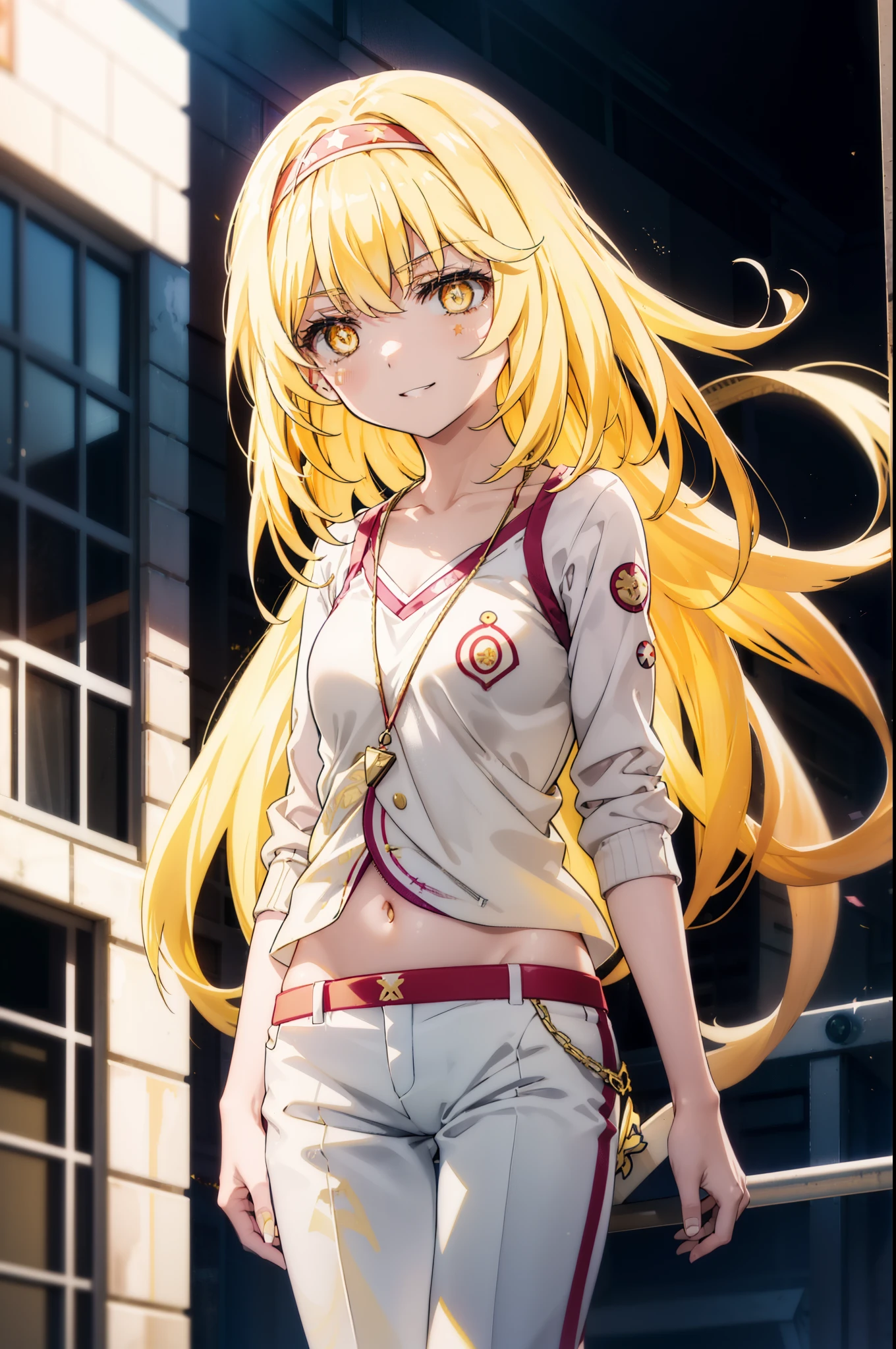 misakishokuhou, Misaki Shokuhou, Blonde, Hair between the eyes, Long Hair, (Symbol-shaped pupil:1.5), + +, (Yellow Eyes:1.5), (Medium chest:1.2),happy smile, smile, Open your mouth,hair band,Tank top shirt,Worn out short-sleeved jacket,Star Pendant,Belly button,Short laser pants,short boots,whole bodyがイラストに入るように,Clear skies,Daytime,
break outdoor, Building district,
break looking at viewer, whole body,
break (masterpiece:1.2), highest quality, High resolution, unity 8k wallpaper, (figure:0.8), (Beautiful fine details:1.6), Highly detailed face, Perfect lighting, Highly detailed CG, (Perfect hands, Perfect Anatomy),