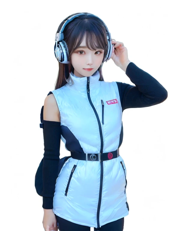 masterpiece, highest quality, Very detailed, 8K Portrait,japanese android girl,Plump , Control panel,Robotic arms and legs, Blunt bangs,,BREAK (metallic gray, metallic luster, mirror finish, astrovest):5,headphone:5,BREAK (black sleeves):100,smartwatch,futuristic space station,control room,BREAK headphone,blue eyes,(black hair):2,(long hair):1.3,look at viewer,(Respirator),BREAK blush:3,hidden hands,smile