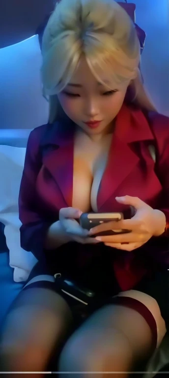 Blonde girl in red jacket sitting on bed and looking at mobile phone, Check her phone, generous Clive Arch open jacket, beautiful chinese model, Revealing clothes, Touch her clothes, Sexy Girls, 4 8 0 points, 480p, full, goddess Check her phone, Korean Girl, Check her phone, Japanese Goddess, Clive Arch, Asian Girls, sexy dress（Large Breasts、(((Cleavage)) photography, 8k, HDR, high resolution, absurd:1.2, Kodak Portrait 400, Film Grain, Blurred background, Bokeh:1.2, lens flare, (Energetic_color:1.2),专业photography师