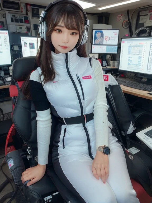 masterpiece, highest quality, Very detailed, 8K Portrait,japanese android girl,Plump , Control panel,Robotic arms and legs, Blunt bangs,,BREAK (metallic gray, metallic luster, mirror finish, astrovest):5,headphone:5,BREAK (black sleeves):100,smartwatch,futuristic space station,control room,BREAK headphone,blue eyes,(black hair):2,(long hair):1.3,look at viewer,(Respirator),BREAK blush:3,hidden hands,smile