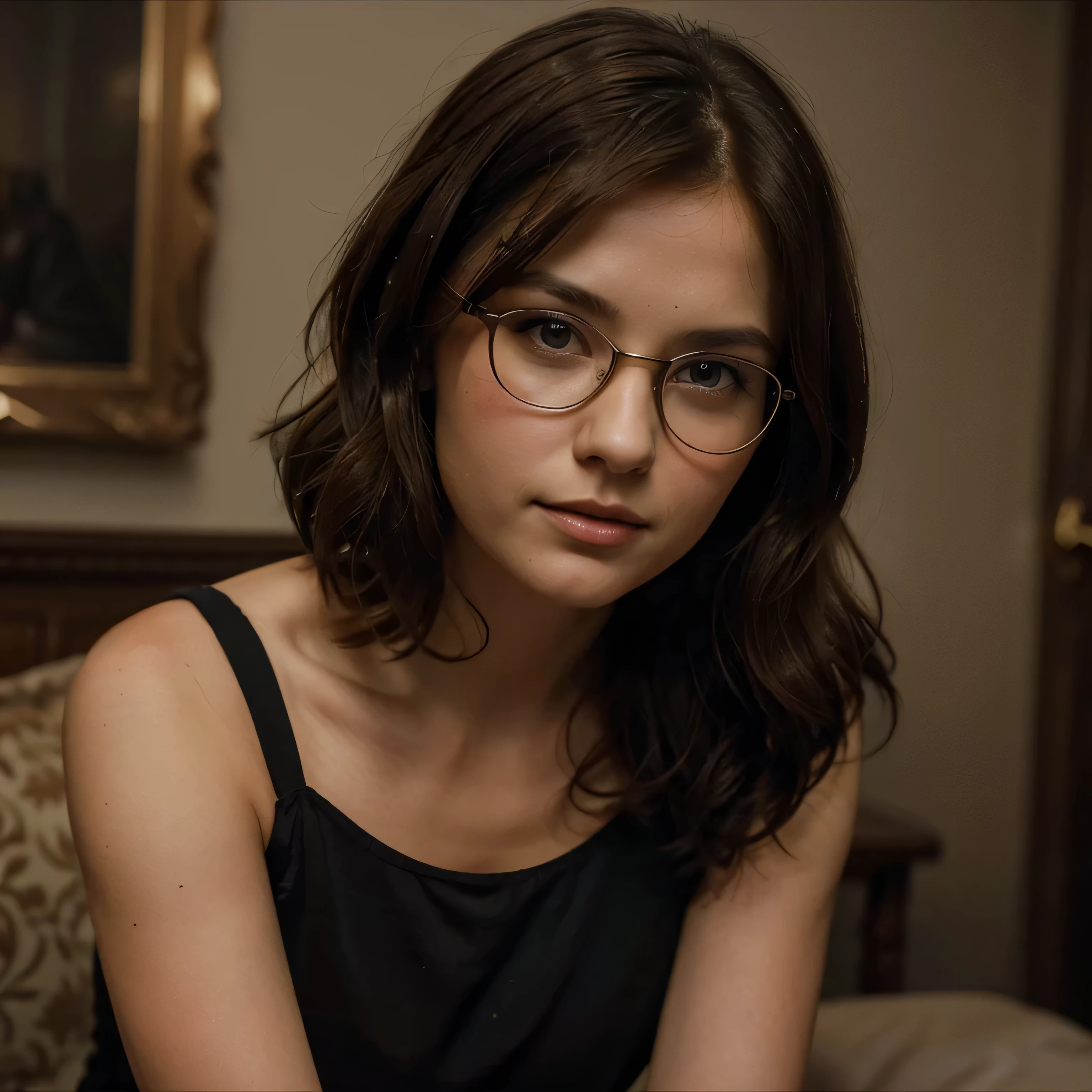 She is a woman in her twenties, with an appearance that combines the classic elegance of Jenna Coleman with the touch of determination of Resident Evil's Jill Valentine. Her brown hair falls in soft curls, framing a delicate face adorned with expressive, penetrating eyes. She wears slightly thick glasses that add an intellectual charm to her look. Her posture is confident, and her presence radiates a mixture of intelligence, courage, and grace.