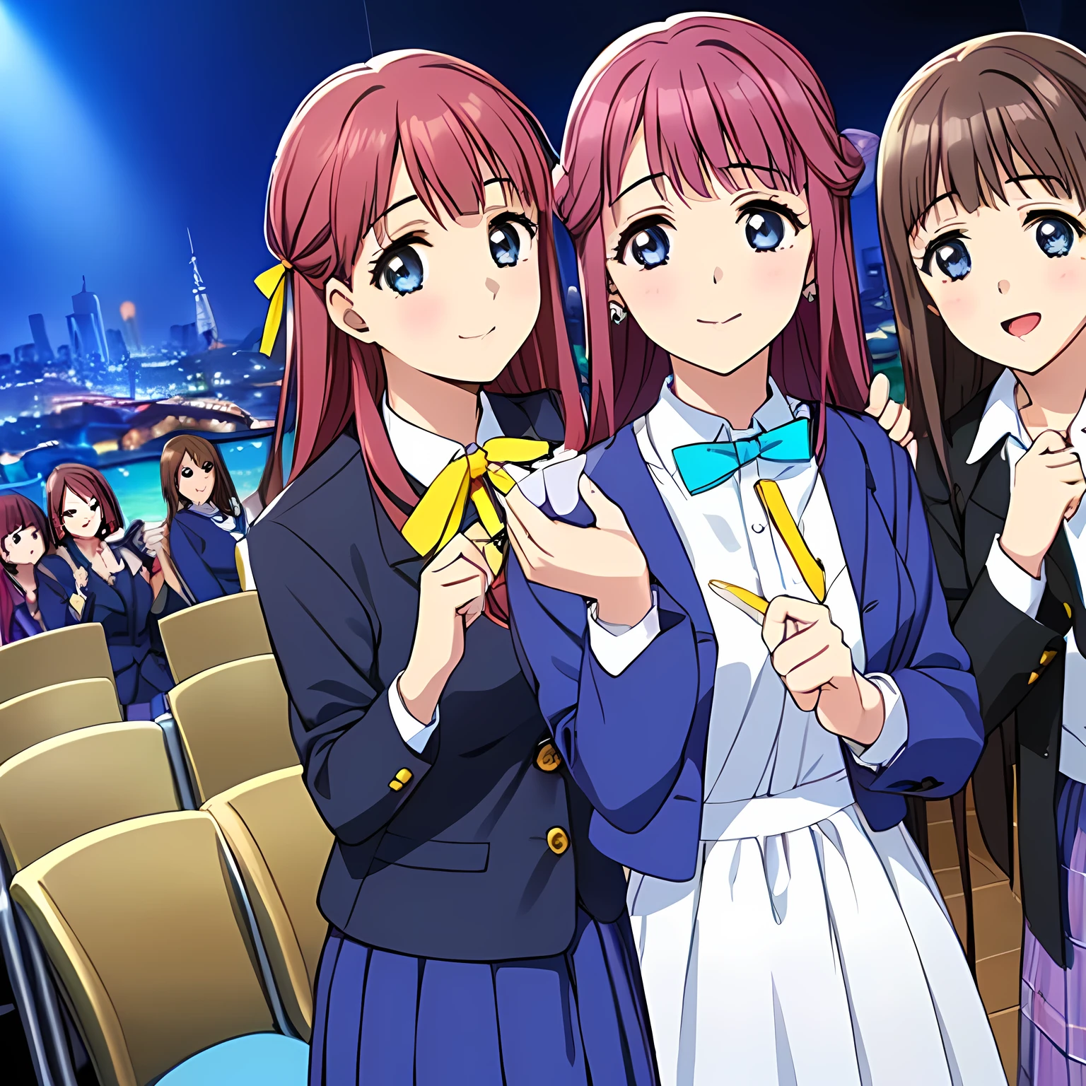 highest quality, (masterpiece:1.2), Very detailed, ((((３Beautiful girl of the person)))), ((Very beautiful girl in school uniform３A fashion model is looking at the camera and asking the viewer)), (()), (((Very shiny, beautiful long hair))), She has a big cute ribbon in her hair, ((Navy blue blazer)), ((Navy blue pleated long skirt)), ((((Very beautiful and shining eyes)))), ((Very long eyelashes)), A large crimson ribbon on the chest, ((An elegant expression like a noble princess)), (((A beautiful and enchanting smile))), Very good posture, ((Half Up)), Wind, ((Heavenly happiness)), ((((As if inviting me to a deep, deep world、Calling the audience))))