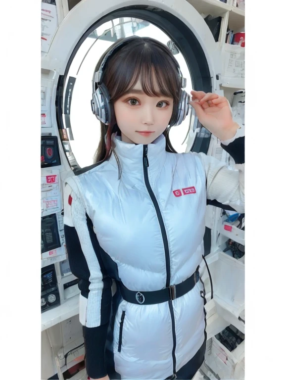 masterpiece, highest quality, Very detailed, 8K Portrait,japanese android girl,Plump , Control panel,Robotic arms and legs, Blunt bangs,,BREAK (metallic gray, metallic luster, mirror finish, astrovest):5,headphone:5,BREAK (black sleeves):100,smartwatch,futuristic space station,control room,BREAK headphone,blue eyes,(black hair):2,(long hair):1.3,look at viewer,(Respirator),BREAK blush:3,hidden hands,smile