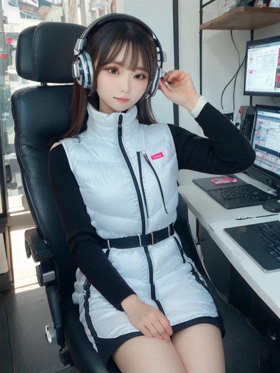 masterpiece, highest quality, Very detailed, 8K Portrait,japanese android girl,Plump , Control panel,Robotic arms and legs, Blunt bangs,,BREAK (metallic gray, metallic luster, mirror finish, astrovest):5,headphone:5,BREAK (black sleeves):100,smartwatch,futuristic space station,control room,BREAK headphone,blue eyes,(black hair):2,(long hair):1.3,look at viewer,(Respirator),BREAK blush:3,hidden hands,smile