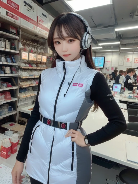masterpiece, highest quality, Very detailed, 8K Portrait,japanese android girl,Plump , Control panel,Robotic arms and legs, Blunt bangs,,BREAK (metallic gray, metallic luster, mirror finish, astrovest):5,headphone:5,BREAK (black sleeves):100,smartwatch,futuristic space station,control room,BREAK headphone,blue eyes,(black hair):2,(long hair):1.3,look at viewer,(Respirator),BREAK blush:3,hidden hands,smile