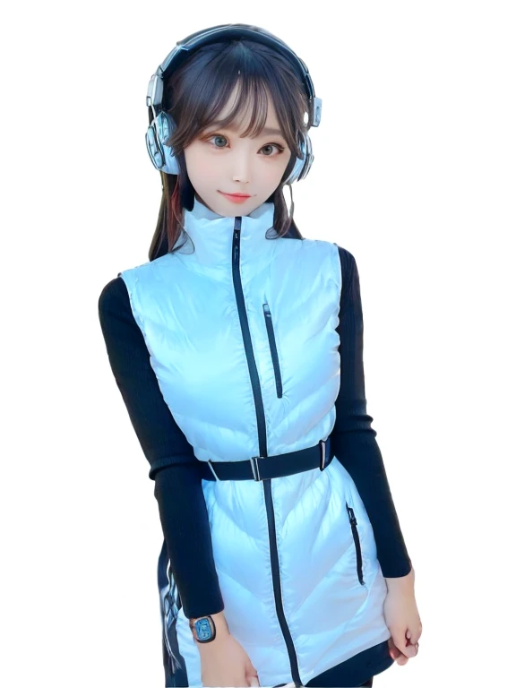 masterpiece, highest quality, Very detailed, 8K Portrait,japanese android girl,Plump , Control panel,Robotic arms and legs, Blunt bangs,,BREAK (metallic gray, metallic luster, mirror finish, astrovest):5,headphone:5,BREAK (black sleeves):100,smartwatch,futuristic space station,control room,BREAK headphone,blue eyes,(black hair):2,(long hair):1.3,look at viewer,(Respirator),BREAK blush:3,hidden hands,smile