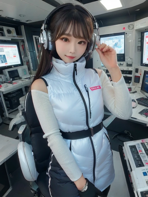 masterpiece, highest quality, Very detailed, 8K Portrait,japanese android girl,Plump , Control panel,Robotic arms and legs, Blunt bangs,,BREAK (metallic gray, metallic luster, mirror finish, astrovest):5,headphone:5,BREAK (black sleeves):100,smartwatch,futuristic space station,control room,BREAK headphone,blue eyes,(black hair):2,(long hair):1.3,look at viewer,(Respirator),BREAK blush:3,hidden hands,smile