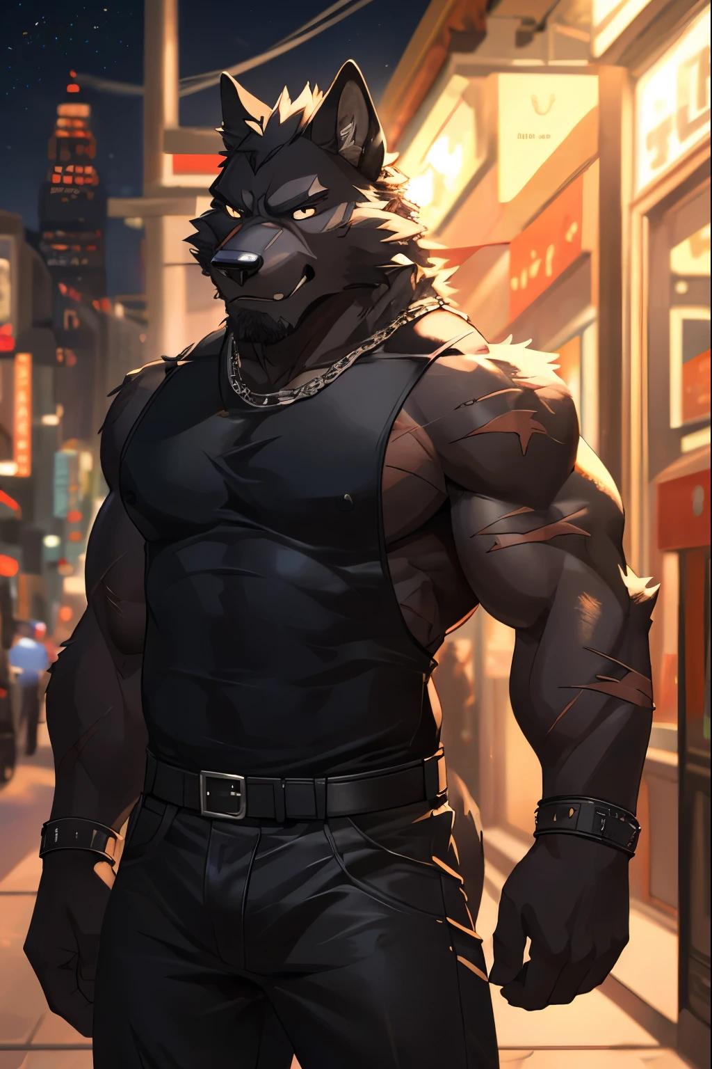 Solo, standing, make, werewolf, (((muscular, buff, strong, tall, thick, powerful))), city street, night, dramatic lighting, by bebebebebe, ((hair, snout)), rape face, nude, canine penis