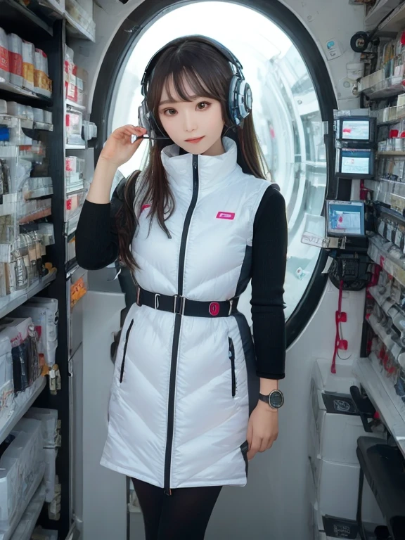 masterpiece, highest quality, Very detailed, 8K Portrait,japanese android girl,Plump , Control panel,Robotic arms and legs, Blunt bangs,,BREAK (metallic gray, metallic luster, mirror finish, astrovest):5,headphone:5,BREAK (black sleeves):100,smartwatch,futuristic space station,control room,BREAK headphone,blue eyes,(black hair):2,(long hair):1.3,look at viewer,(Respirator),BREAK blush:3,hidden hands,smile