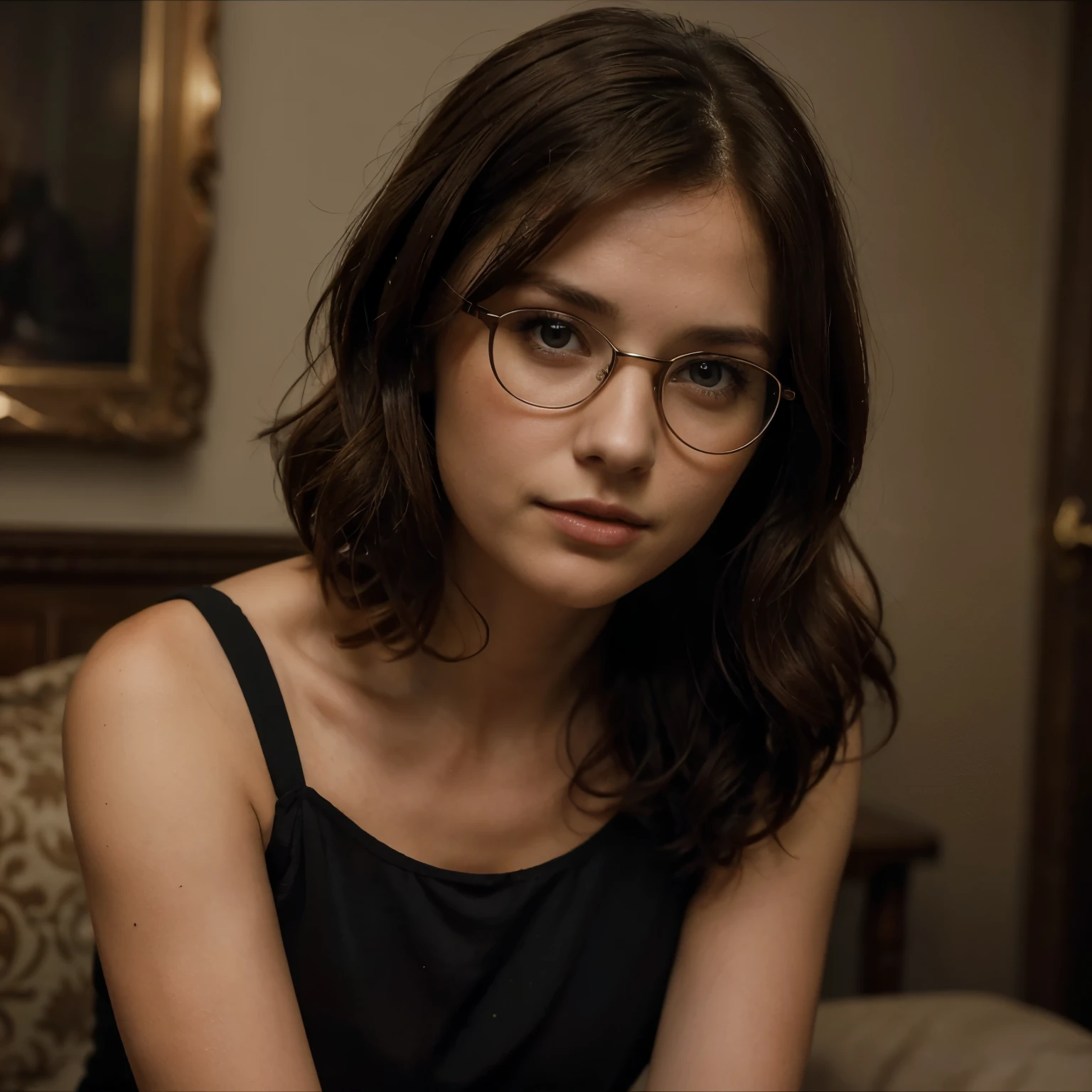 She is a woman in her twenties, with an appearance that combines the classic elegance of Jenna Coleman with the touch of determination of Resident Evil's Jill Valentine. Her brown hair falls in soft curls, framing a delicate face adorned with expressive, penetrating eyes. She wears slightly thick glasses that add an intellectual charm to her look. Her posture is confident, and her presence radiates a mixture of intelligence, courage, and grace.