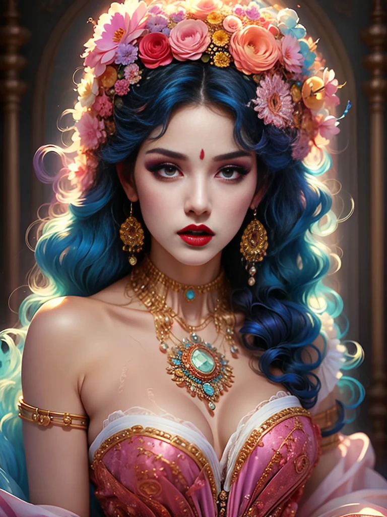 Full color, motley, Gorgeous vamp woman, A bold look, a gold, Pink, Yellow, mint, Crimson, blau, lilac, Gradient hair, long wavy hair, full dark red lips, smoky, Desirable, crystal, delightful, Gorgeous eyes, impassioned, Gentle, Seductive pose, Desirable eyes, suntan, Chocolate body, mother-of-pearl body, tanned skin of the body, Languid look, sexy body, Sexy look, rot, blau, violet, Neon, Chrome-plated chains with torn body, Choker, pout, spit take, Surrealism, Minimalism, Romanticism, Ghibli-like colours, chiaroscuro, cinematic lighting, bloom, first-person view, UHD, masterpiece, ccurate, anatomically correct, textured skin, award winning, best quality, 8k