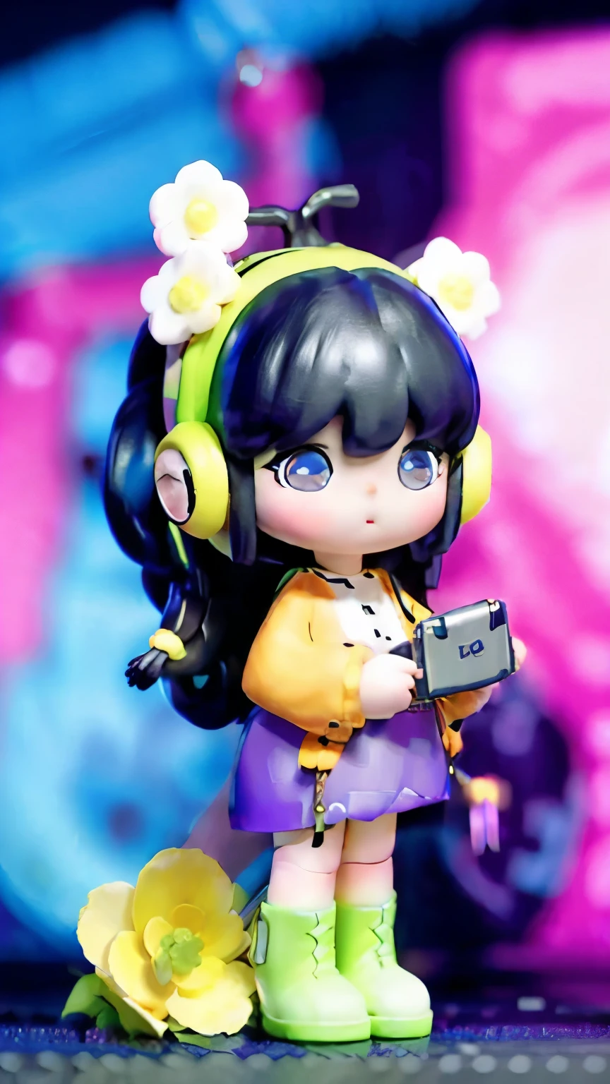 ((big head doll)), ((Blind Box)), Art Toy, toy, sit, korean woman doll, high-tech, cyberpunk, Over-ear headphones, diamond on head, Eyes are too big, Solo, ((Hi-tech set)), Robot Kits, ((เธอเป็นtoy)), Neon Background, Long curly hair, flower bouquet