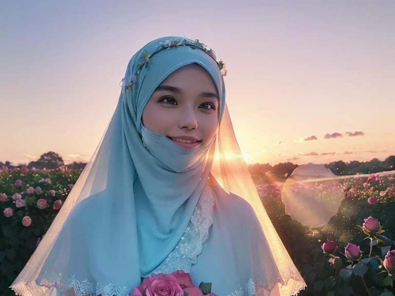 ((((Depth of field))),((((Sunset backlit),((Slim body)))),malay girl with very long white hijab, 30 years old, twilight rays, modest lace wedding dress, flower crown, (((Rose tunnel))), rose front blur, bokeh, photorealistic, surrounded by colorful roses, ((smiling)))))), (mouth closed)))),(1 malay girl in hijab), ( Sunset:1.3), (8k, RAW photography, best quality, masterpiece:1.2), (realistic, photorealistic:1.37), best quality, ultra high resolution,(standing in a flower garden:1.3), (vivid and colorful:1.3), bokeh, extreme close up shot, ultra detail, pastel color grading, use mouth veil