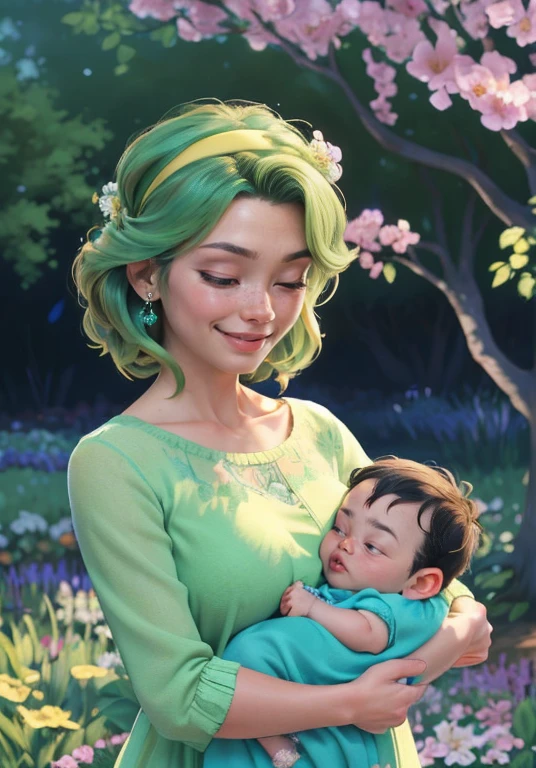 doting mother holding a baby,gently cradling baby in her arms,nurturing care for little ,warm motherly embrace,gentle touch of a mother's hands,affectionate gaze from mother's eyes,soft and delicate baby skin,sweet and innocent smile of the baby,adorned with a floral headband,loving bond between mother and ,peaceful and serene atmosphere,beautiful garden in bloom,colorful flowers in vibrant hues,lush green grass and blooming trees,sparkling sunlight filtering through the leaves,ethereal and dreamy ambiance,impressionist painting style,soft brushstrokes and vibrant colors of oil painting,warm and harmonious color palette,subtle play of light and shadows,masterpiece:1.2,ultra-detailed,realistic:1.37,vivid colors,sharp focus,studio lighting.