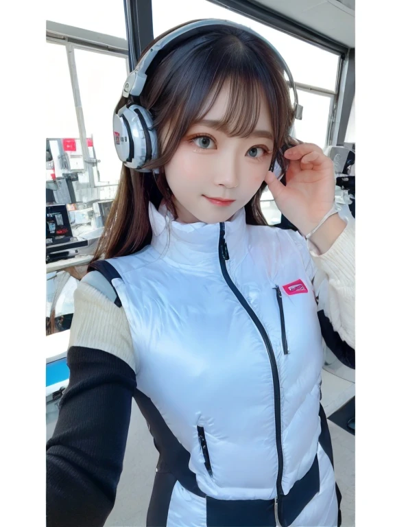 masterpiece, highest quality, Very detailed, 8K Portrait,japanese android girl,Plump , Control panel,Robotic arms and legs, Blunt bangs,,BREAK (metallic gray, metallic luster, mirror finish, astrovest):5,headphone:5,BREAK (black sleeves):100,smartwatch,futuristic space station,control room,BREAK headphone,blue eyes,(black hair):2,(long hair):1.3,look at viewer,(Respirator),BREAK blush:3,hidden hands,smile