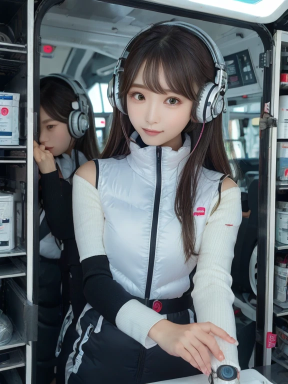 ((NSFW: 1.4)), ((Detailed face, Professional photography)), ((NSFW, zettai ryouiki, 1 girl)), Ultra-high resolution, (Realistic: 1.4), RAW Photos, highest quality, (PhotoRealistic Stick), concentrated, Soft Light, ((30 years old)), ((Japanese)), (( (Young Face))), (surface), (Depth of written boundary), masterpiece, (Realistic),(inside ISS):3, woman, ,astrovest:2,headphone:2,smartwatch,,bangs, ((1 girl)),(black sleeves):2,(black tights):2,inside spacestation,inside spacecraft,,zero gravity,smile,open leg,blush:1.5,hidden hands,neotech