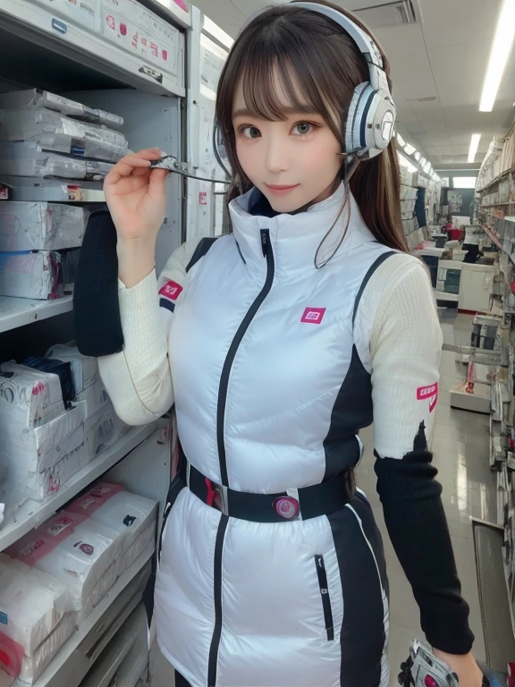 masterpiece, highest quality, Very detailed, 8K Portrait,japanese android girl,Plump , Control panel,Robotic arms and legs, Blunt bangs,,BREAK (metallic gray, metallic luster, mirror finish, astrovest):5,headphone:5,BREAK (black sleeves):100,smartwatch,futuristic space station,control room,BREAK headphone,blue eyes,(black hair):2,(long hair):1.3,look at viewer,(Respirator),BREAK blush:3,hidden hands,smile