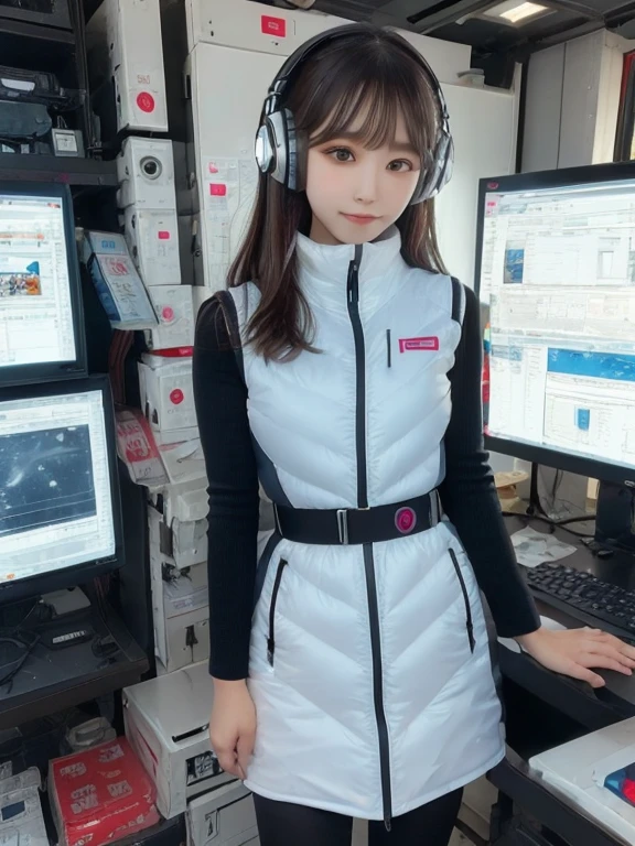 masterpiece, highest quality, Very detailed, 8K Portrait,japanese android girl,Plump , Control panel,Robotic arms and legs, Blunt bangs,,BREAK (metallic gray, metallic luster, mirror finish, astrovest):5,headphone:5,BREAK (black sleeves):100,smartwatch,futuristic space station,control room,BREAK headphone,blue eyes,(black hair):2,(long hair):1.3,look at viewer,(Respirator),BREAK blush:3,hidden hands,smile