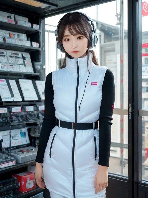 masterpiece, highest quality, Very detailed, 8K Portrait,japanese android girl,Plump , Control panel,Robotic arms and legs, Blunt bangs,,BREAK (metallic gray, metallic luster, mirror finish, astrovest):5,headphone:5,BREAK (black sleeves):100,smartwatch,futuristic space station,control room,BREAK headphone,blue eyes,(black hair):2,(long hair):1.3,look at viewer,(Respirator),BREAK blush:3,hidden hands,smile