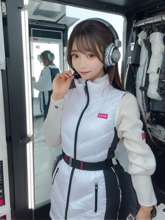 masterpiece, highest quality, Very detailed, 8K Portrait,japanese android girl,Plump , Control panel,Robotic arms and legs, Blunt bangs,,BREAK (metallic gray, metallic luster, mirror finish, astrovest):5,headphone:5,BREAK (black sleeves):100,smartwatch,futuristic space station,control room,BREAK headphone,blue eyes,(black hair):2,(long hair):1.3,look at viewer,(Respirator),BREAK blush:3,hidden hands,smile