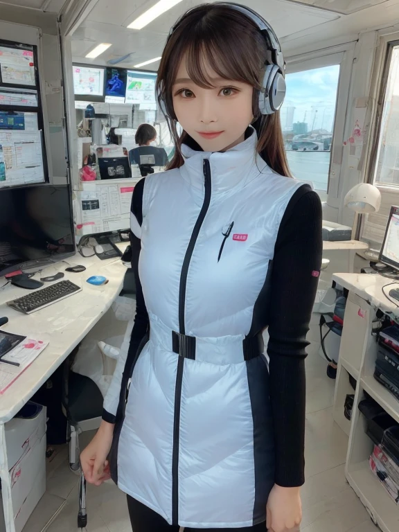 masterpiece, highest quality, Very detailed, 8K Portrait,japanese android girl,Plump , Control panel,Robotic arms and legs, Blunt bangs,,BREAK (metallic gray, metallic luster, mirror finish, astrovest):5,headphone:5,BREAK (black sleeves):100,smartwatch,futuristic space station,control room,BREAK headphone,blue eyes,(black hair):2,(long hair):1.3,look at viewer,(Respirator),BREAK blush:3,hidden hands,smile